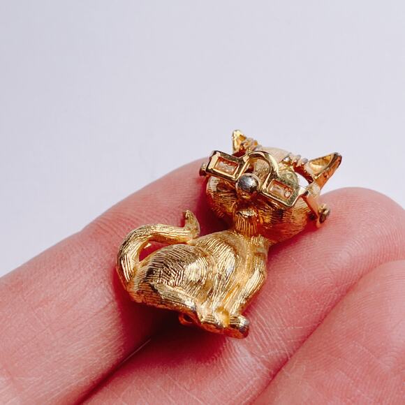 Unusual VTG 1960s Brooch Movable Glasses Cat Rhinestone Eyes Mid Century Pin - Picture 7 of 10